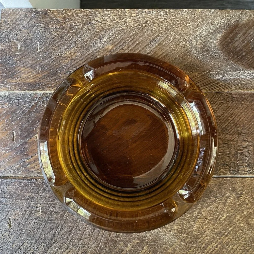 Vintage‎ MCM Amber Glass Ribbed Cigarette Ashtray Round 4 1/4